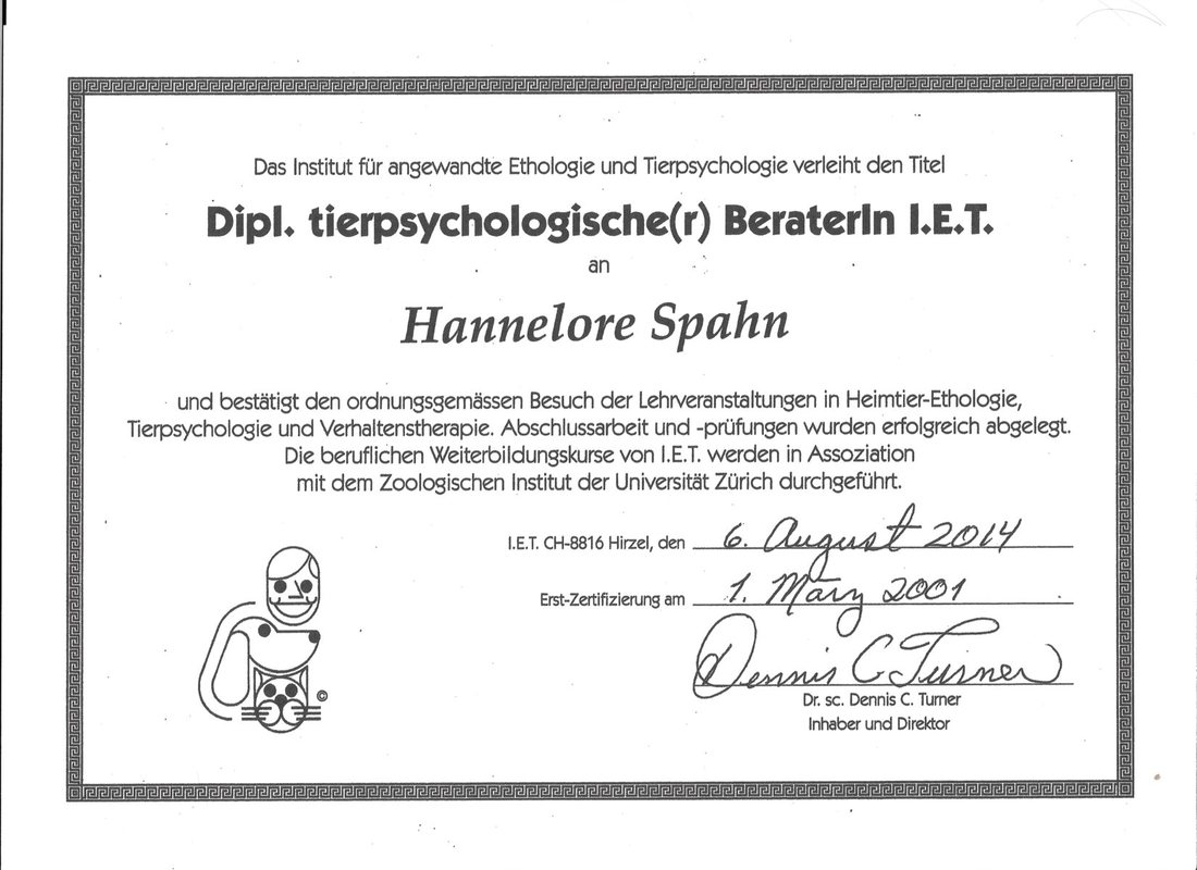 Diploma de Terapeuta en Etología y Psicología Animal de Hannelore Spahn (I.E.T.)